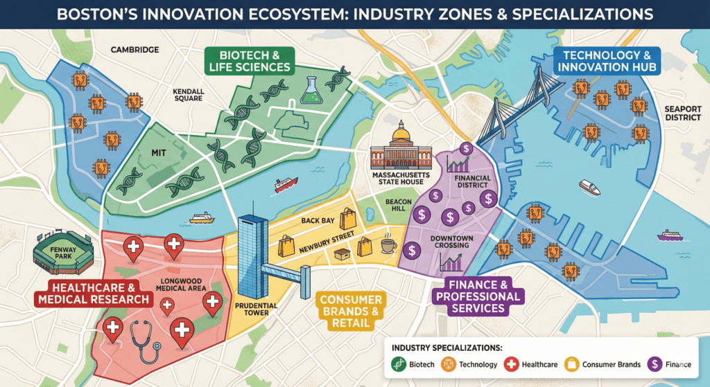 Map showing Public Relations Companies in Boston specializing in different industries across the city