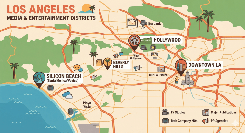 Map of PR Firms in LA locations and major media hub districts across Los Angeles