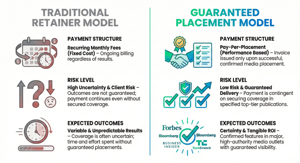 Public Relations Firms Austin Texas Comparison Chart Showing Guaranteed vs Traditional PR Models