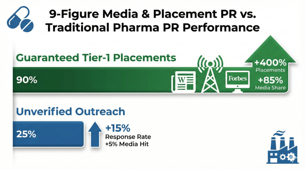 PR Agencies for Drug Manufacturers performance data showing Healthcare PR Firms for Drug Manufacturers average Tier-1 media placement comparison results