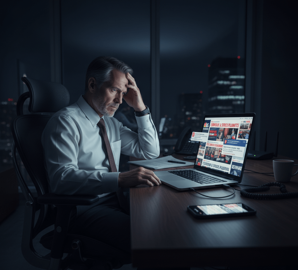 PR executive reviewing breaking news during a corporate crisis response