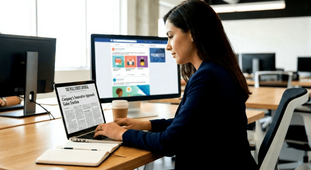 PR professional reviewing earned media coverage compared to paid advertising
