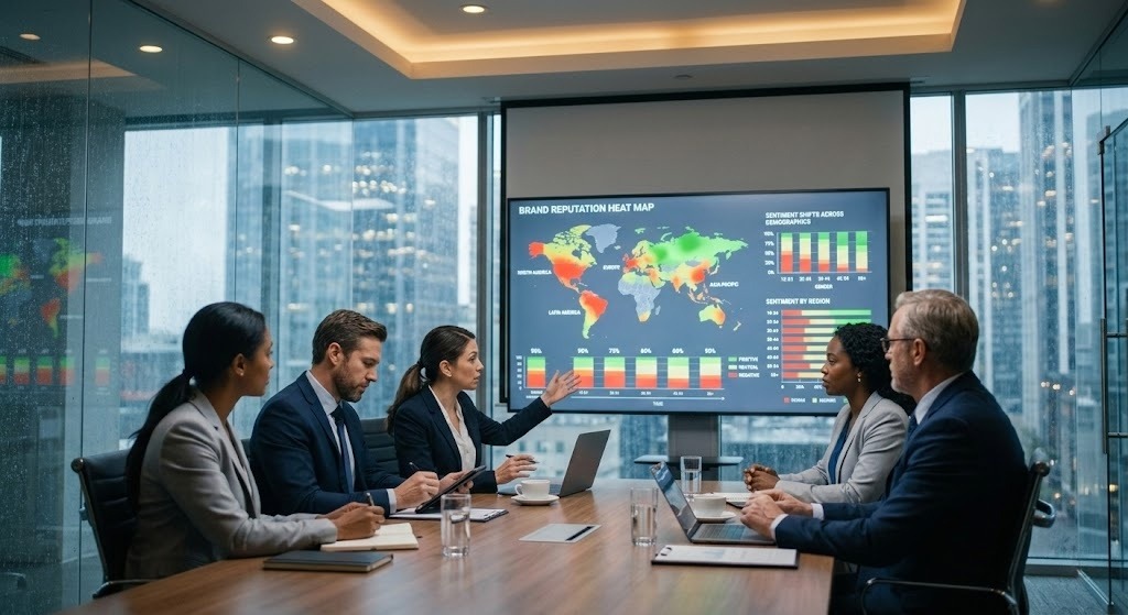 Communications manager analyzing employee engagement metrics on office computer dashboard.
