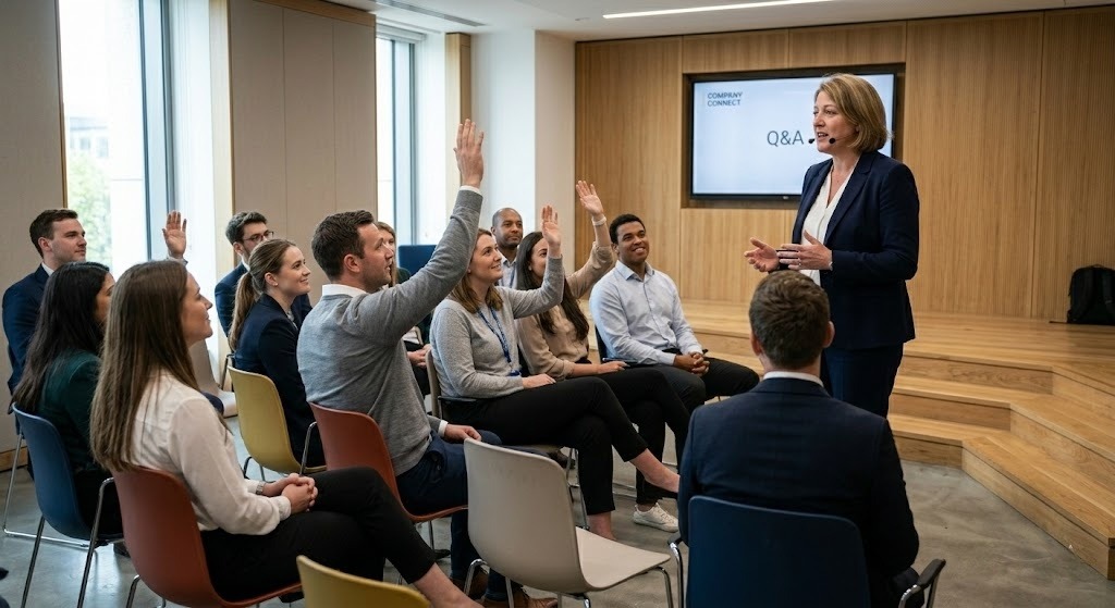 CEO addressing employees during internal town hall meeting to build trust and transparency.