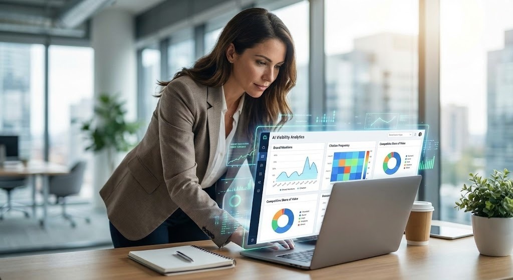 Executive reviewing generative engine optimization ROI dashboard tracking AI brand mentions and citation performance