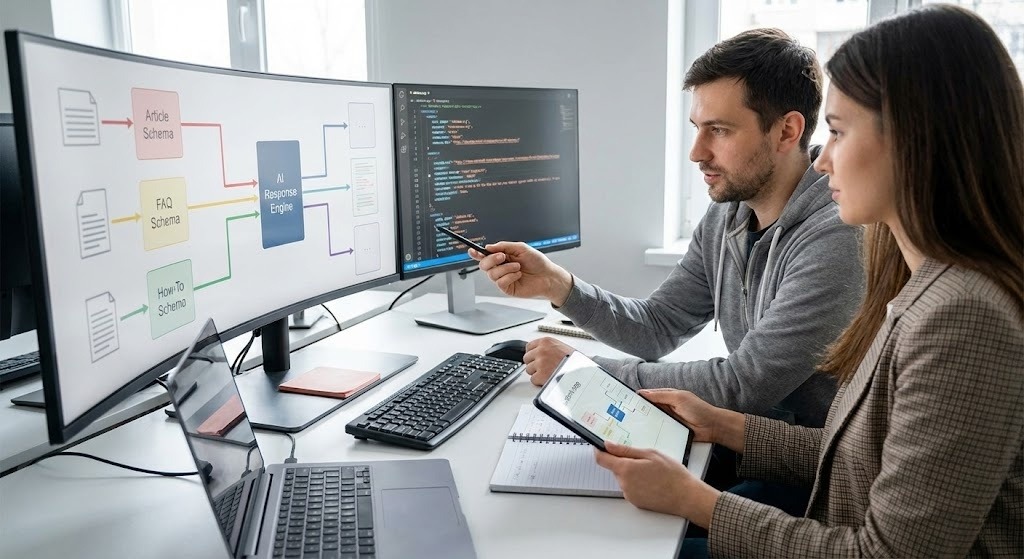 Schema markup and structured data enabling Google AI Overviews optimization and AI search visibility.