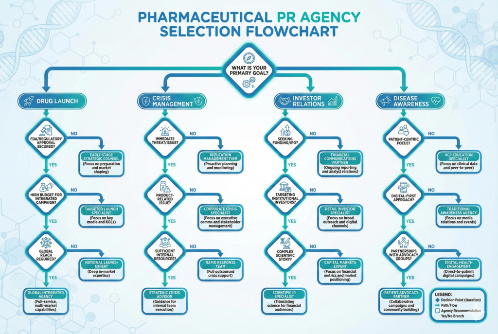 Pharma PR agency selection decision tree flowchart for choosing the best pharmaceutical public relations firm by specialty