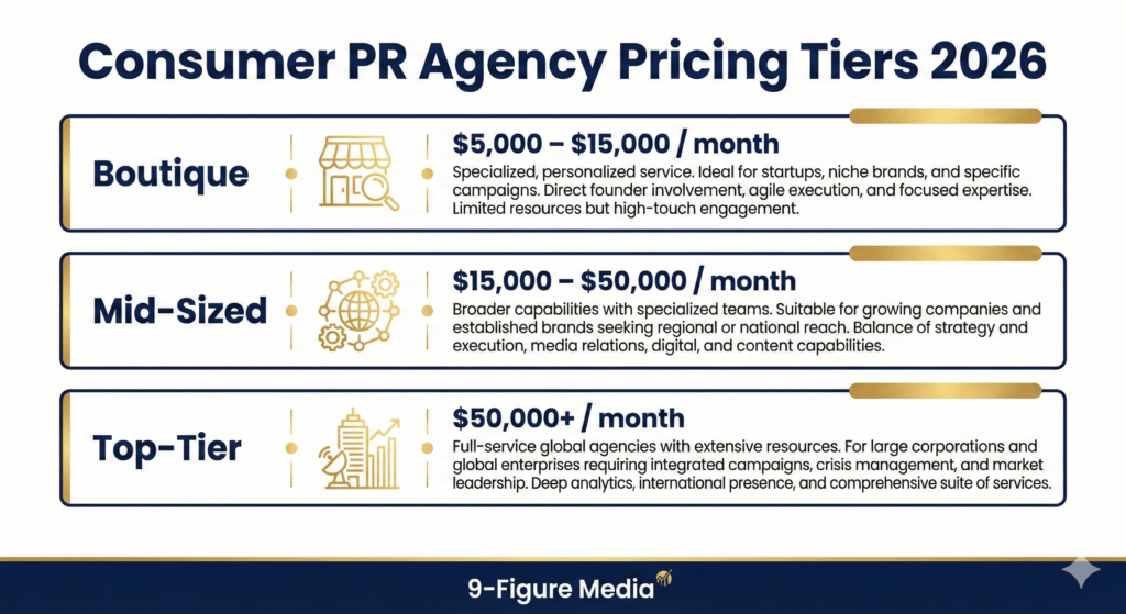 Best consumer PR agencies pricing tiers comparison infographic 2026 by 9-Figure Media