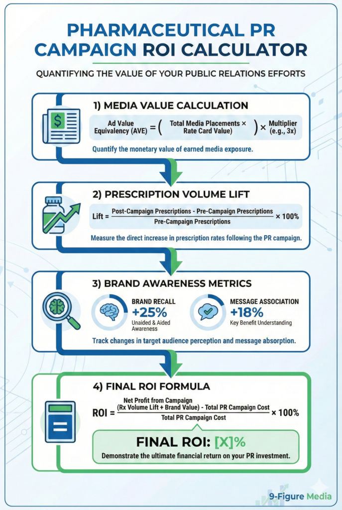 Pharma PR agency ROI calculator infographic showing media value and prescription lift metrics for pharmaceutical campaigns