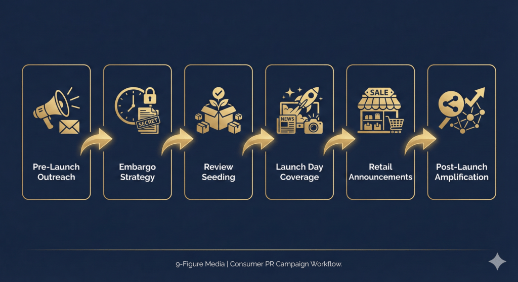 Consumer PR agencies' campaign workflow diagram showing product launch strategy steps