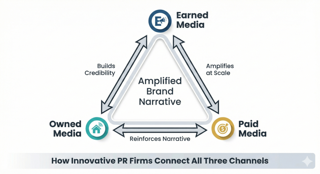 Integrated digital PR campaign architecture diagram showing earned owned and paid media strategy used by innovative PR firms