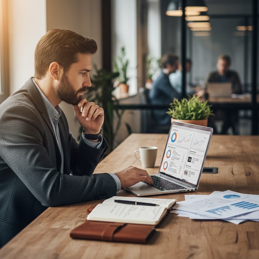 Startup founder reviewing AI-powered PR analytics and strategic communications results.
