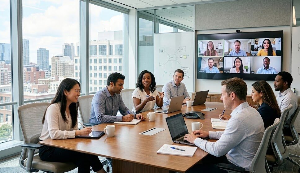 Hybrid workplace meeting with in-person and remote employees collaborating in real time, representing internal communications 2026 evolution.