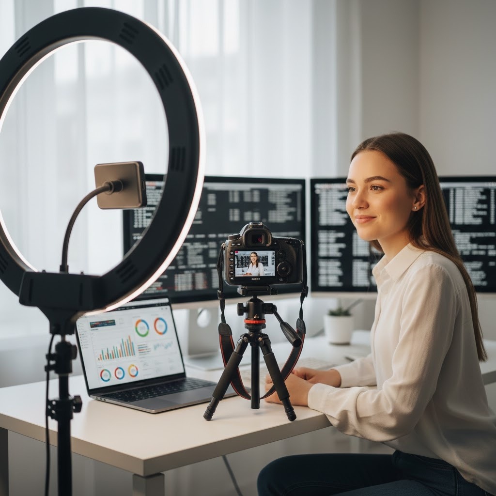 Content creator filming branded video in modern studio representing shift from traditional PR to influencer strategies.