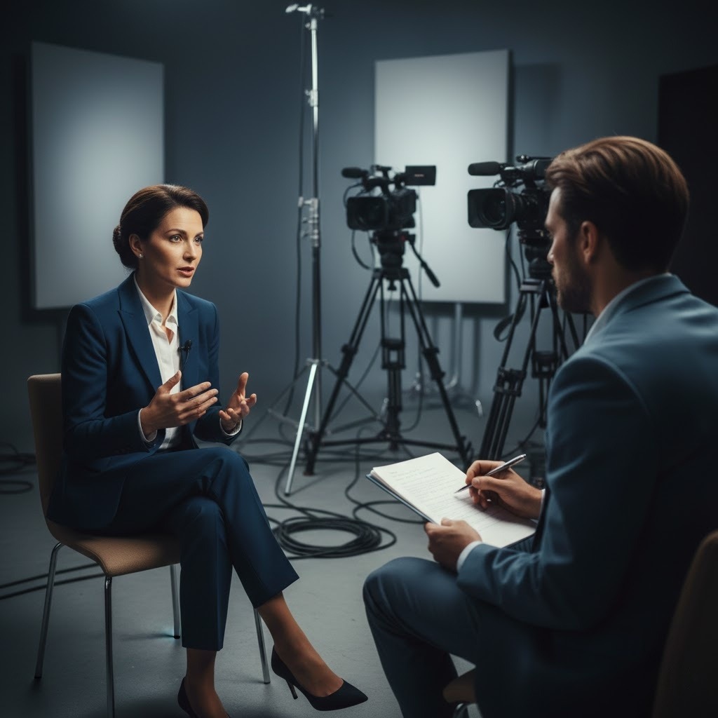 CEO being interviewed about company narrative strategy in professional studio.