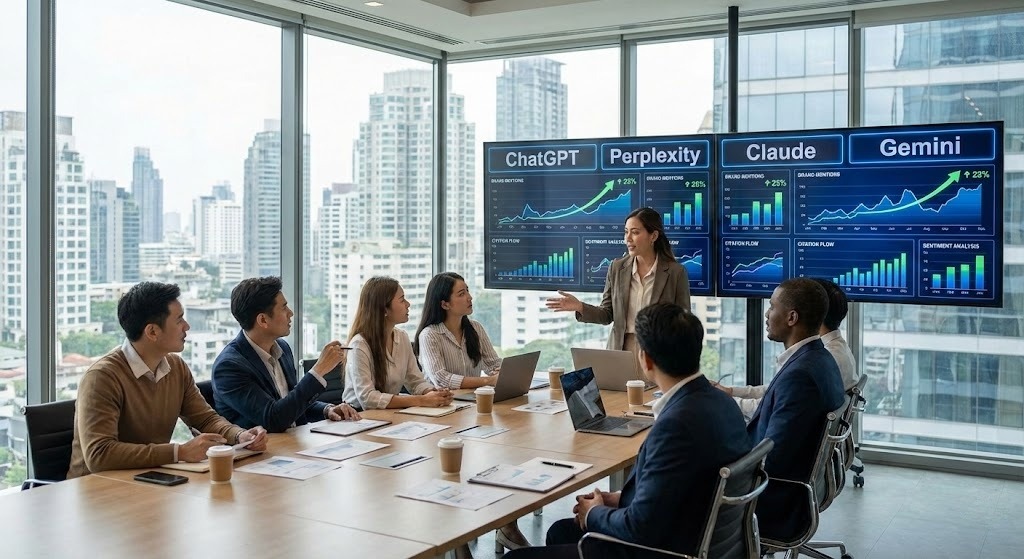 PR team analyzing brand visibility metrics across ChatGPT, Perplexity, Claude, and Gemini platforms for generative engine optimization strategy
