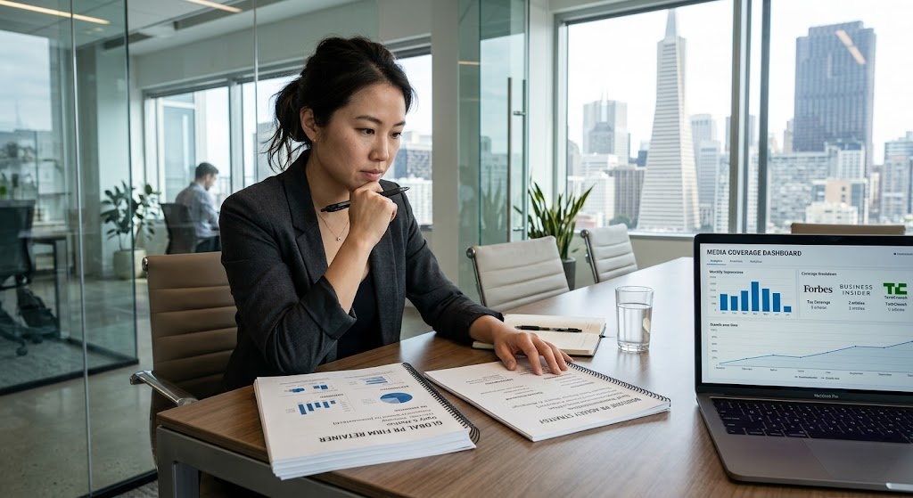 Startup founder comparing boutique PR agency strategy with large global PR firm proposal