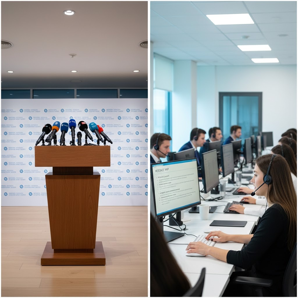 Side‑by‑side view of press briefing setup and customer support team aligned on the same message.