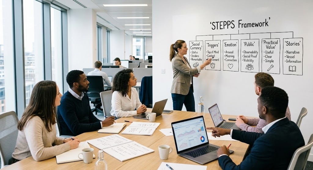 PR strategy meeting analysing the STEPPS framework for designing viral marketing campaigns