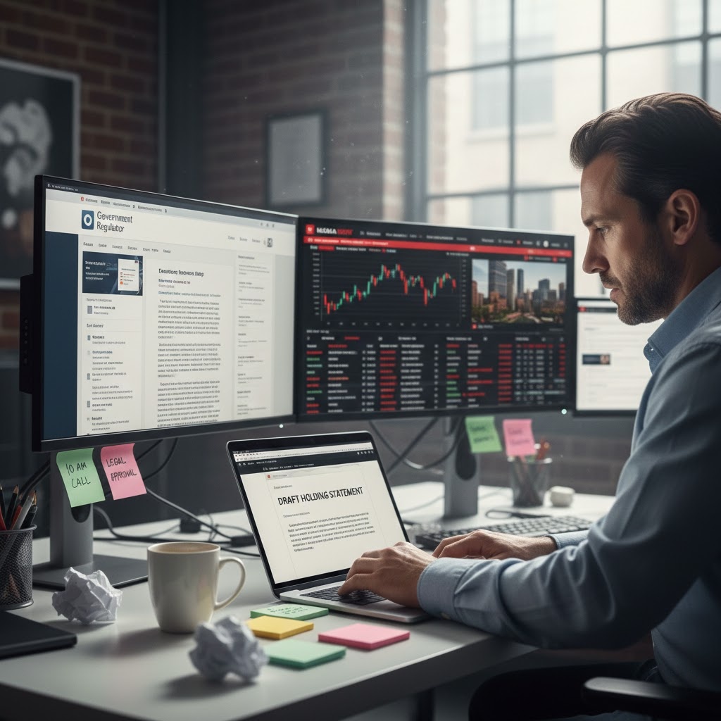 Communicator drafting a holding statement while monitoring regulatory updates and news