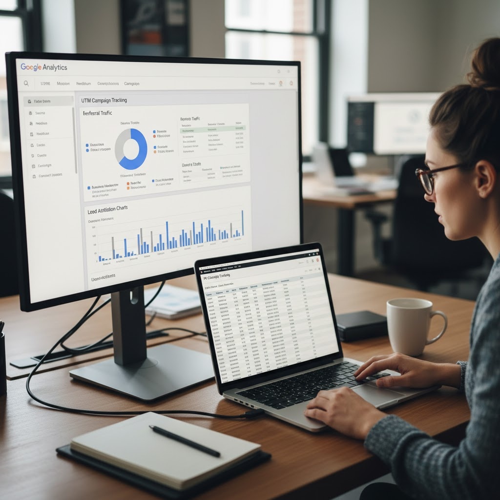 Digital marketing analyst reviewing UTM tracking data and PR attribution metrics in analytics dashboard