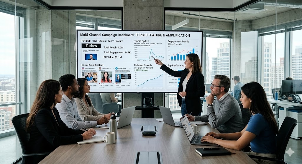 Marketing team analysing creator amplification of top-tier media coverage