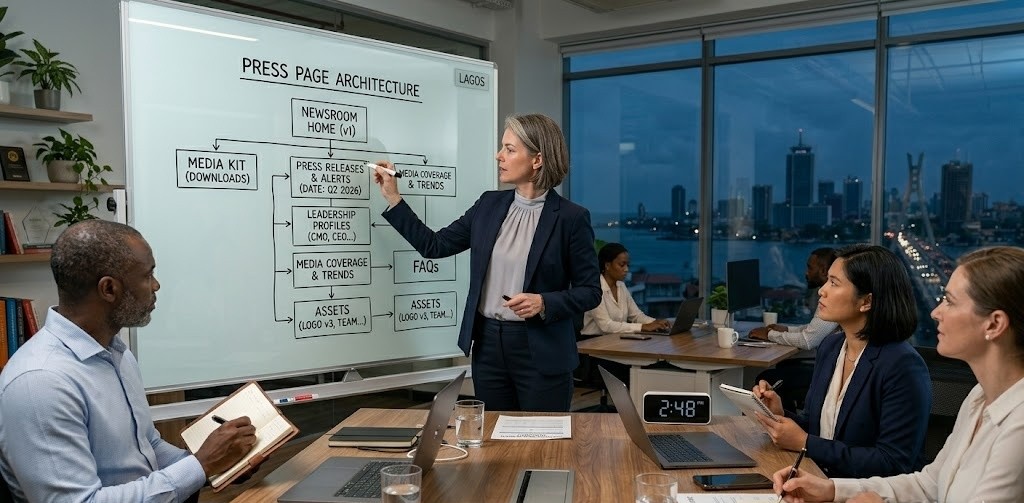 PR strategist designing digital newsroom structure and media hub architecture