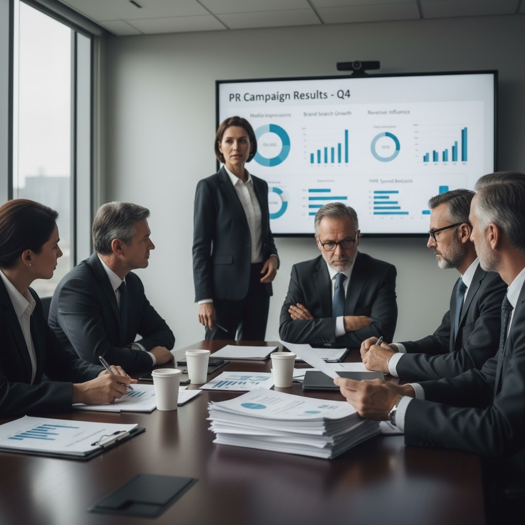 CMO presenting PR campaign performance data to CFO during executive boardroom meeting
