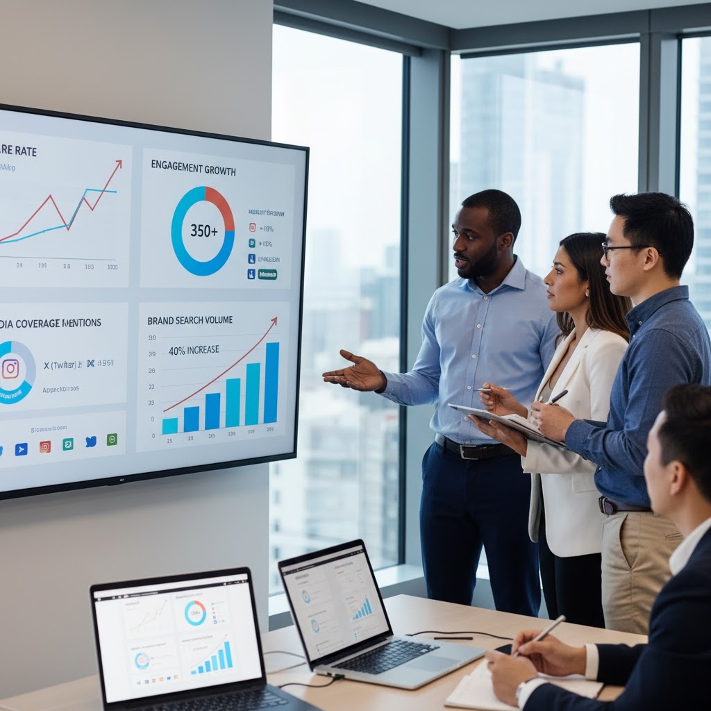 PR team reviewing analytics dashboard measuring viral campaign performance and media coverage