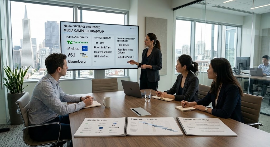 Senior PR strategist pitching a story to a journalist using media relationship network