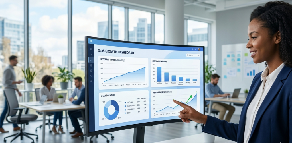 SaaS marketing team measuring PR results and media coverage growth on analytics dashboard