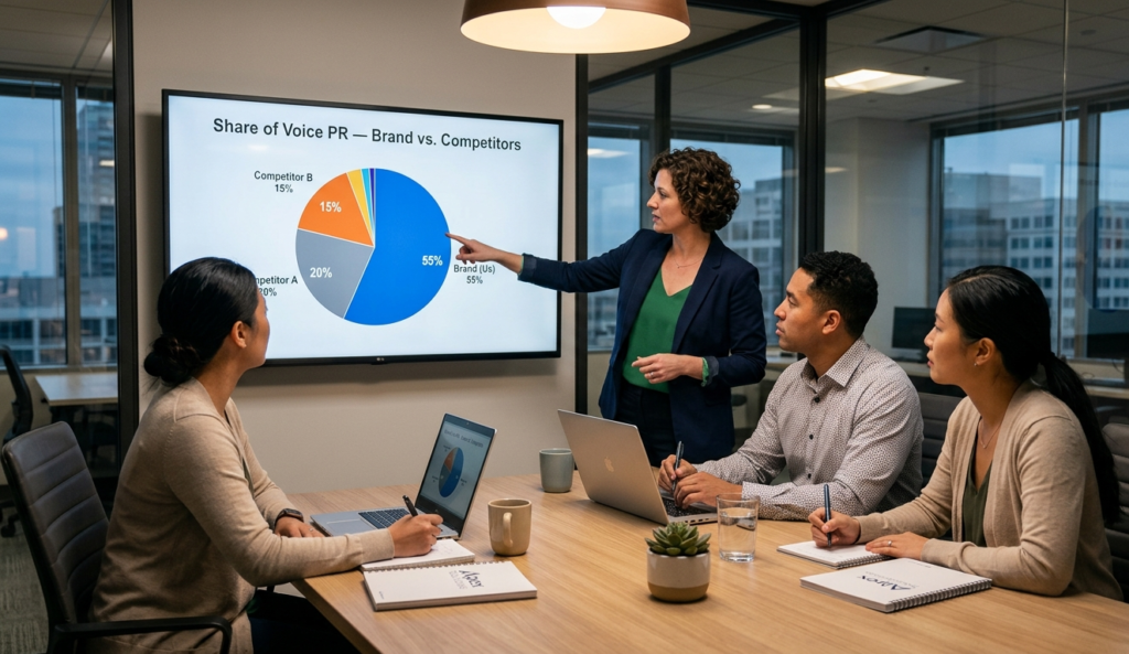 : Marketing team reviewing a share of voice PR chart showing brand versus competitor media presence on a large office screen
