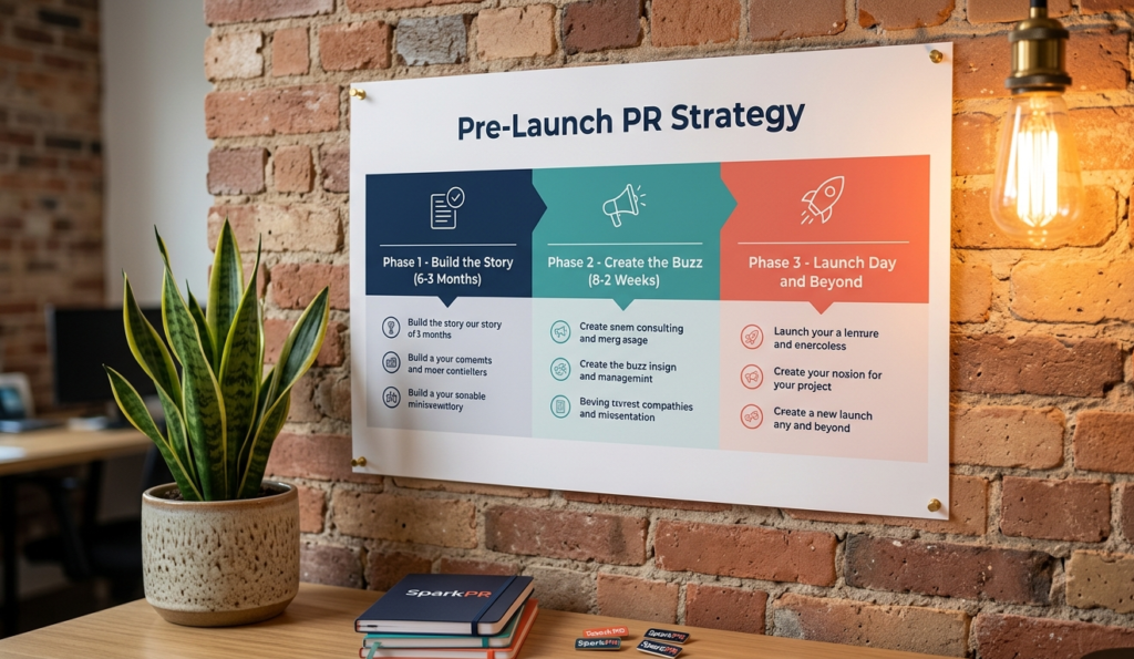Three-phase pre-launch PR strategy infographic showing narrative building, teaser media, and launch day coordination