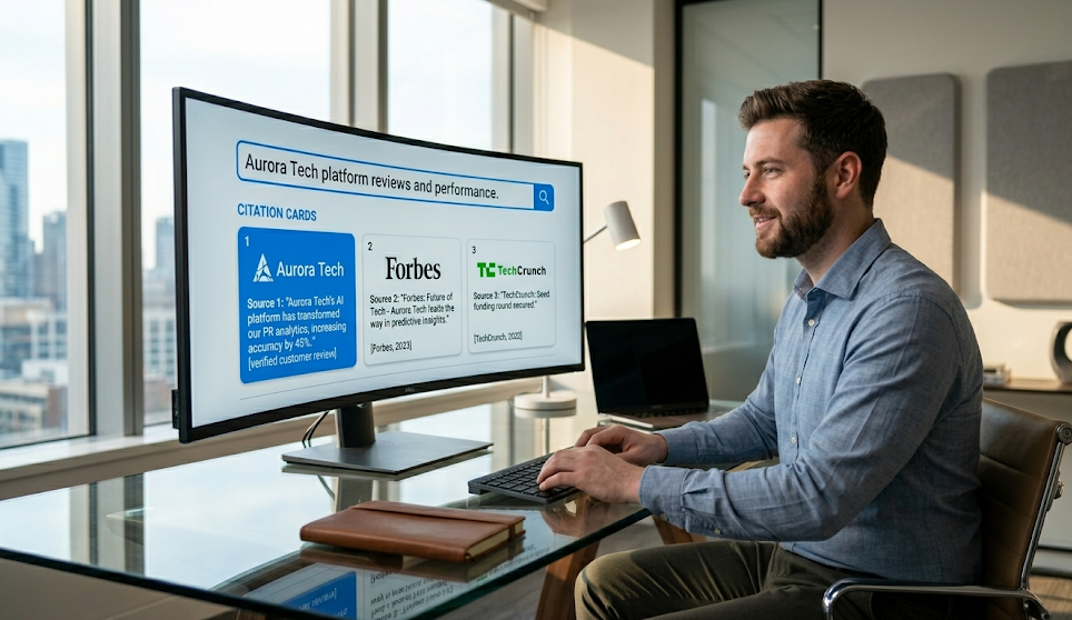Startup founder reviewing AI search results showing brand citations from GEO for startups strategy