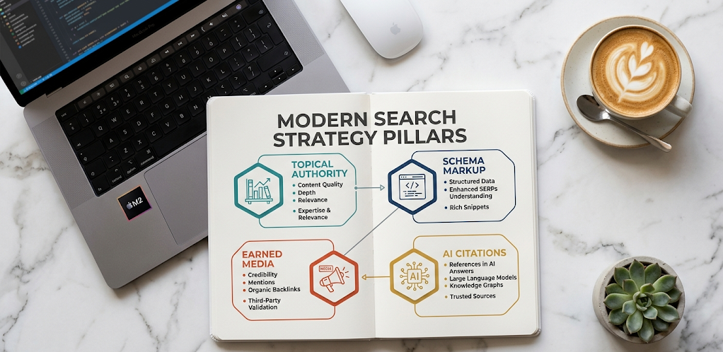 Infographic showing GEO for startups strategy pillars, including schema markup, earned media, and AI citations