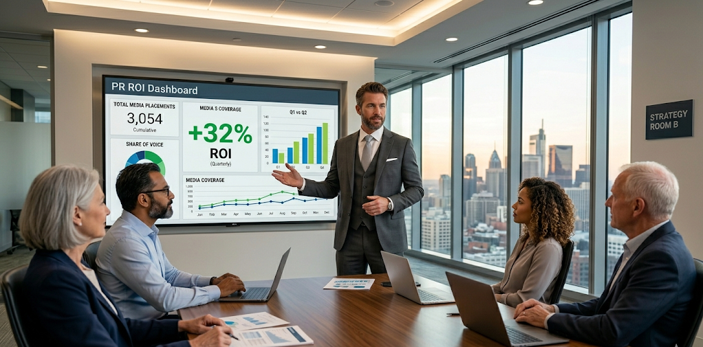 Marketing director presenting PR ROI results on a boardroom screen to senior leadership
