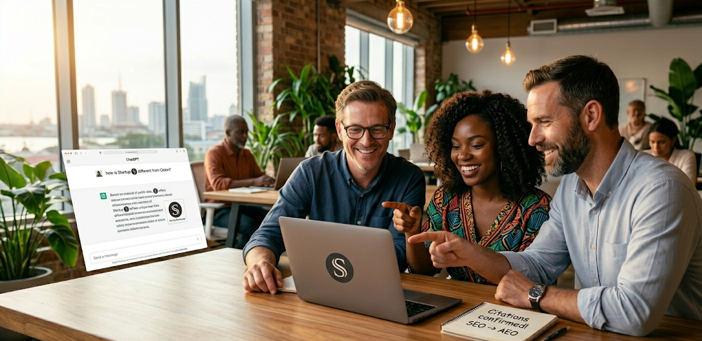 Startup team celebrating a media feature shown on a laptop screen with AI engine citation results