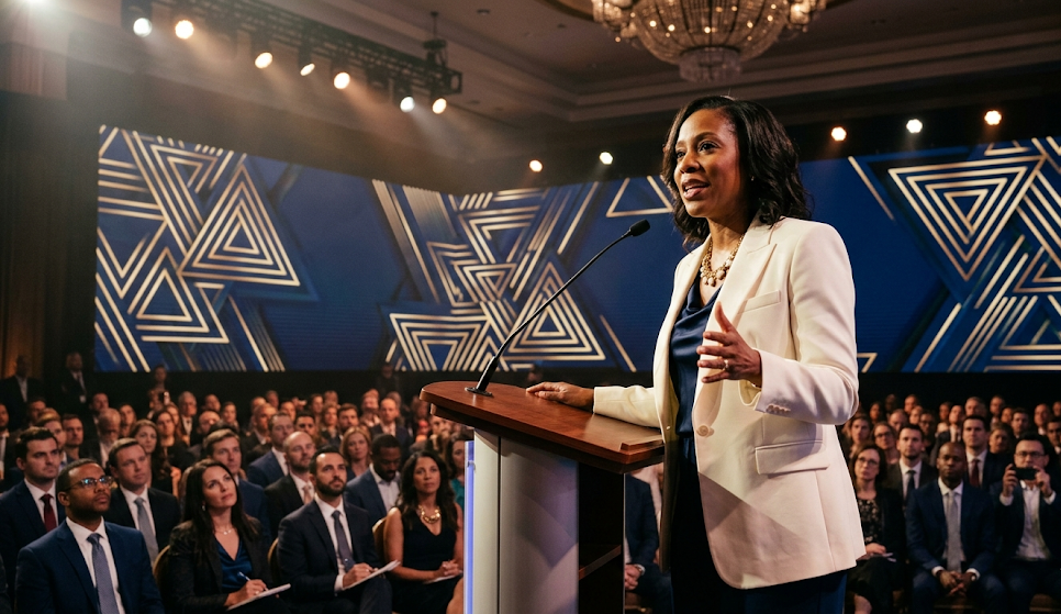A high-profile female executive delivering a keynote address to a packed professional conference audience, representing the public visibility and thought leadership positioning that a strong PR retainer is designed to build and protect.