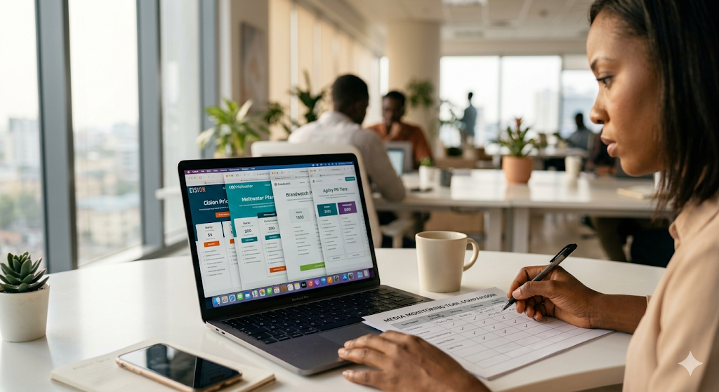 Marketing professional comparing media monitoring pricing plans on a laptop with multiple browser tabs open