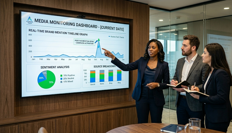 PR team reviewing media monitoring dashboard showing real-time brand mentions