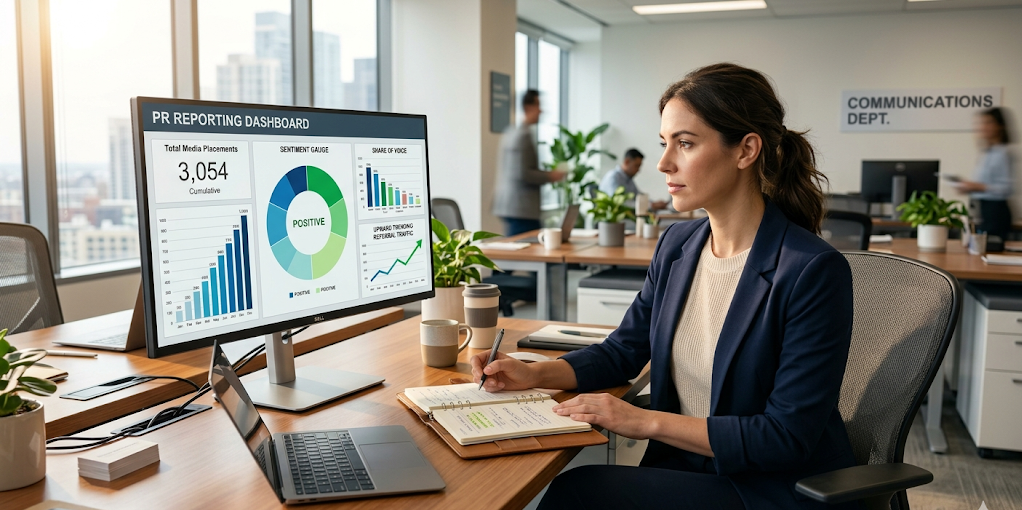 PR manager reviewing a live PR reporting dashboard on a large monitor showing media coverage, sentiment scores, and referral traffic